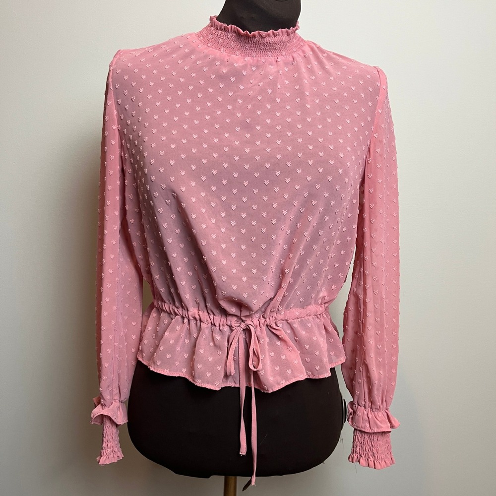 H&M Pink Swiss Dot Smocked Mock Neck Peplum Blouse Tie Waist Long Sleeve Size 4